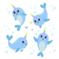 Set of cute cartoon narwhals. It`s a boy